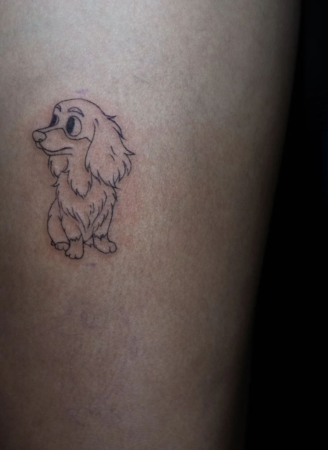 Delicate fine-line dog tattoo by Kin, Blacklow Studio Bali